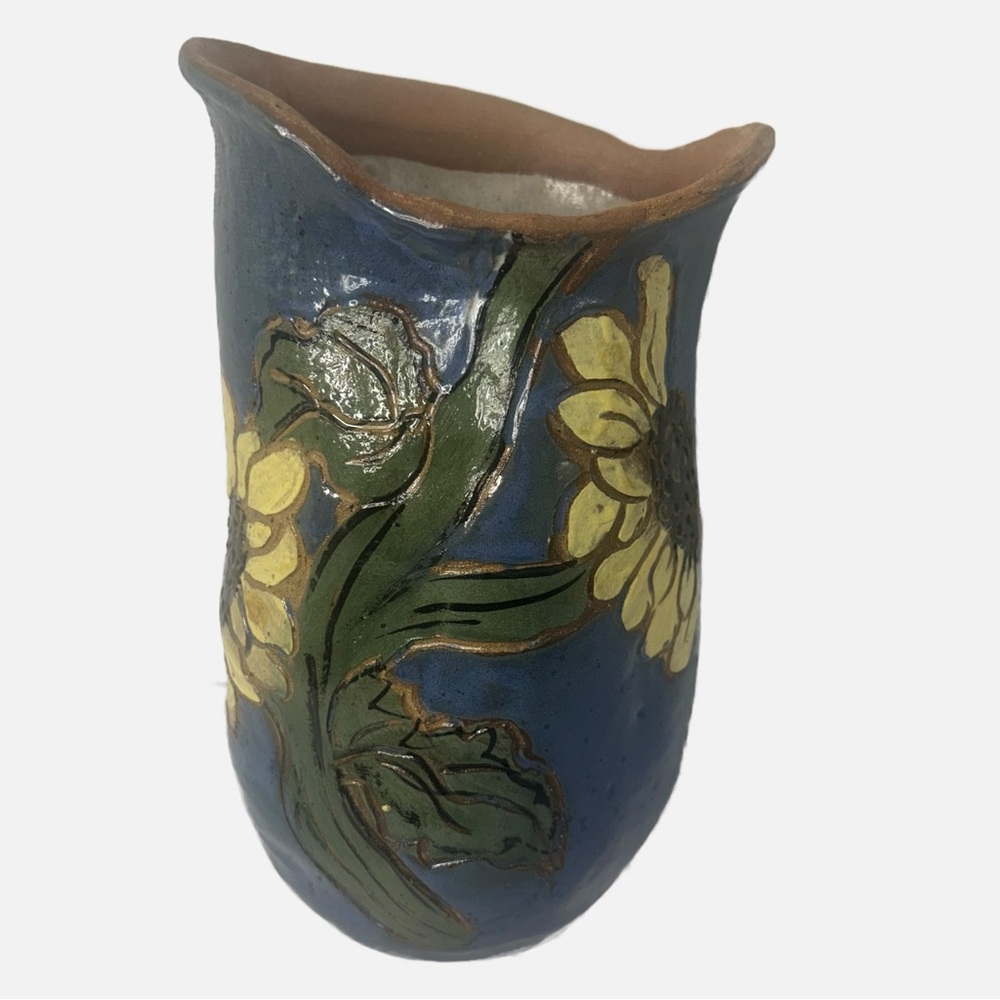 VTG Art Pottery Terracotta Rustic Handcrafted Floral Vase Signed
